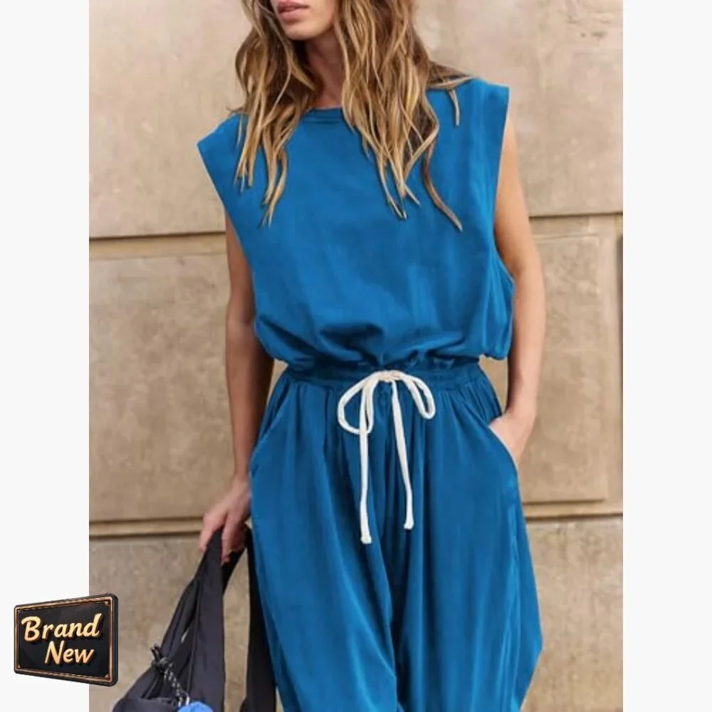 Oversized Backless Jumpsuit with Pockets, Drawstring Waist, Cap Sleeves